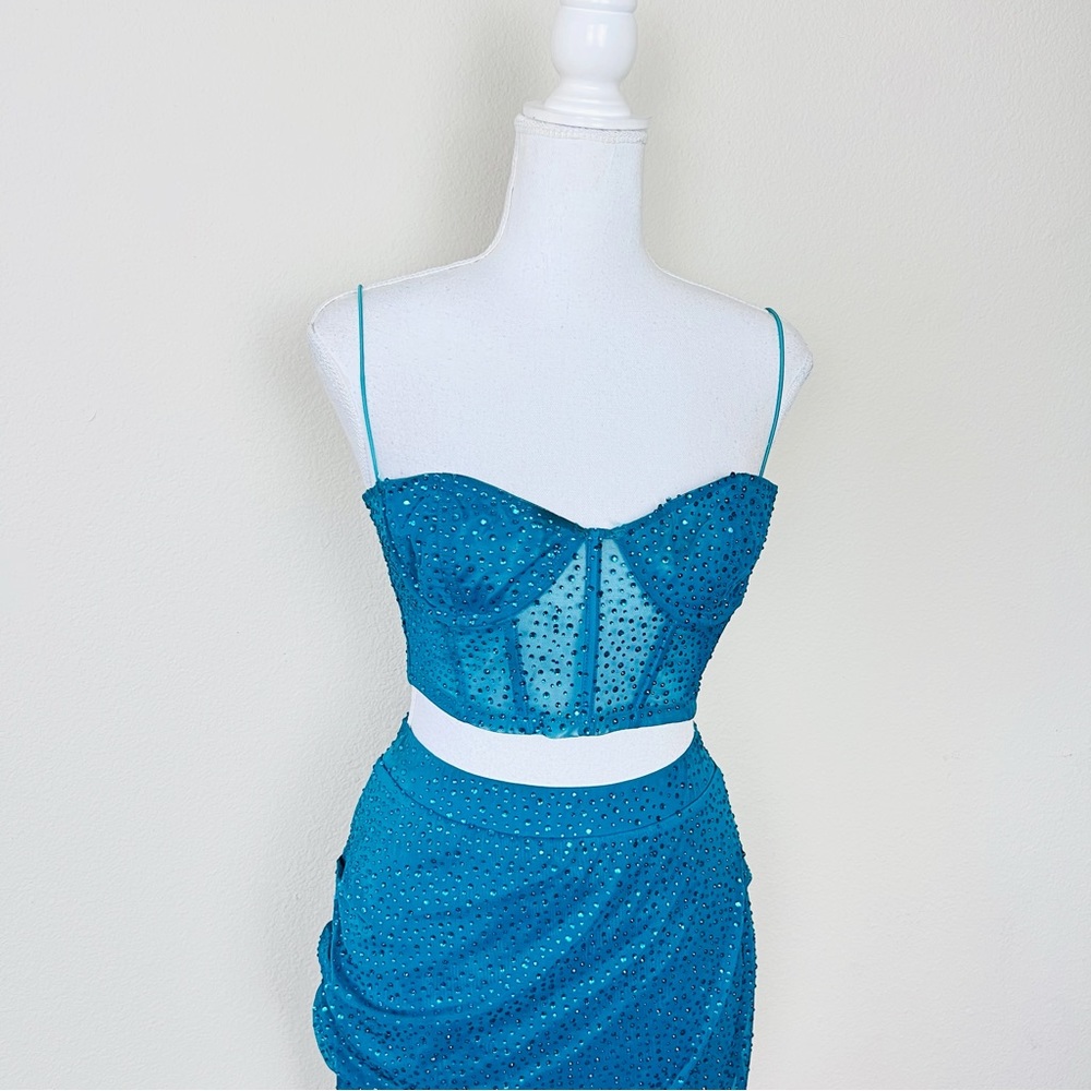 Oh Polly ‘Own The Night’ Emerald Rhinestone Corset Top & Mini Skirt Set - Picture 4 of 16